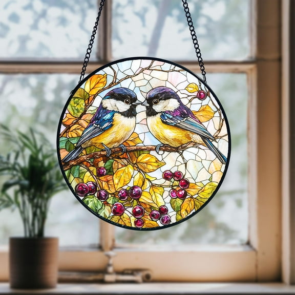 Chickadee Couple Stained Glass Suncatcher, Bird Lover Window Hanging Decoration, Nature Home Decor Gift