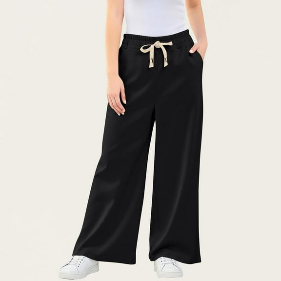 WMTBSRSW Teen Girls Baggy Sweatpants Loose Casual Palazzo Wide Leg Pants Comfy Drawstring High Waist Sport Athletic Pants Straight Leg Bottoms Trousers Black 12 Years