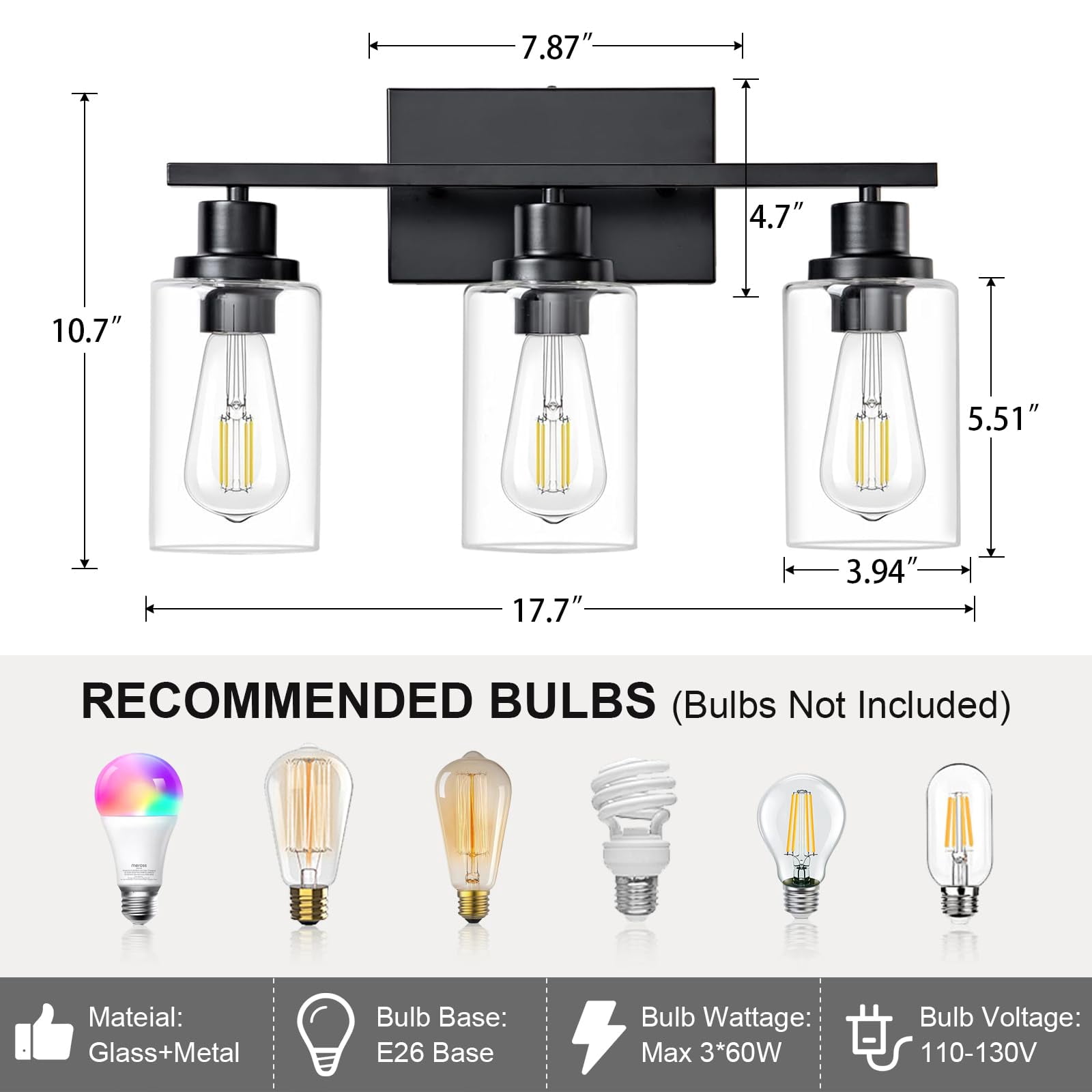 3 Light Bathroom Fixtures Black Vanity Over Mirror Modern Farmhouse Wall Lighting Sconces Rustic Industrial Lamp For  Bedroom Living Room E26 Socket With Glass Shade
