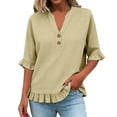 thumbnail image 4 of RMGVDSD Womens Summer Tops 3/4 Sleeve V Neck Button Down Shirts Ruffled Hem Solid Color Casual Basic Shirt Everyday Comfort Tees Versatile Shirt Top, 4 of 7