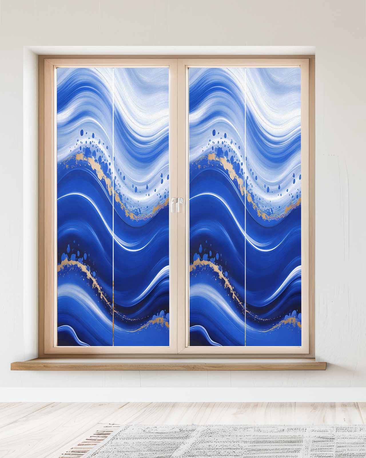 Window Privacy Film Blue Waves Abstract Stained Glass Window Film Decorative Sun Block Window Cover Ocean Fluid Gradient Luxury Window Clings Static Adhesive Sticker for Bathroom 23.6"x59"