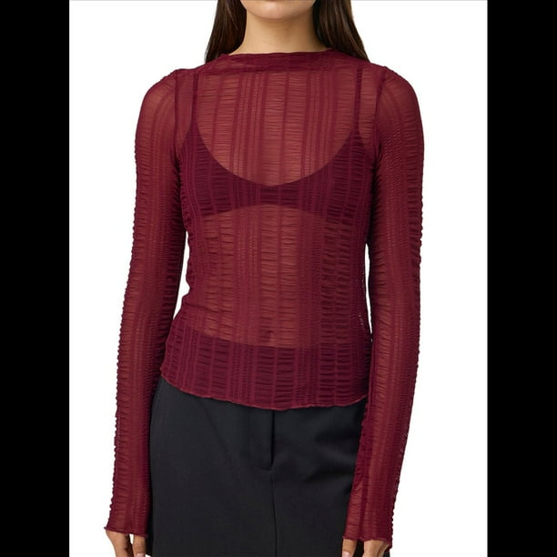 Camisetas de Larga Transparentes para Mujer, de Transparente, Ajustadas, con Ribete Festoneado, Blusas y Conjuntos Superiores Vino Tinto M