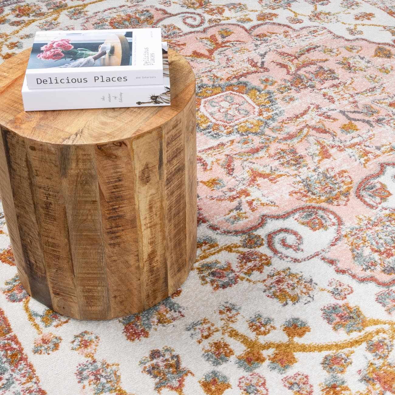 Oark Oriental Bohemian Living Room Bedroom Area Rug - Boho Vintage Distressed Carpet - Persian Medallion - Soft Color Carpet - Pink, Beige, Orange - 5'2'' x 7'