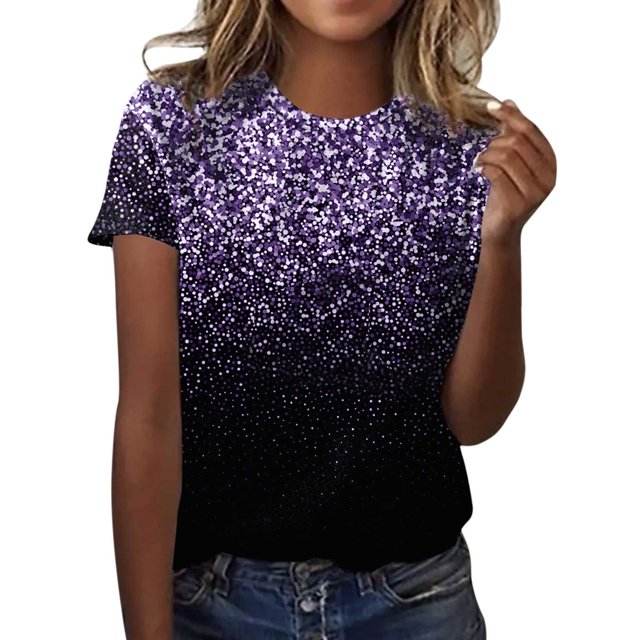 TSADFHJI Chandails pour Femmes en Coton Mode Décontractée pour Femmes Dégradé à Paillettes Imprimé Col Rond T-Shirt Ample