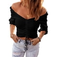 thumbnail image 1 of Langwyqu Off Shoulder Short Sleeved Women Slim Fit Lace-Up Shirt Crop Tops, 1 of 5
