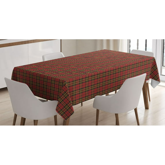 Checkered Tablecloth, Scottish British Celtic Culture Traditional Design in Classical Colors, Rectangle Satin Table Cover Accent for Dining Room and Kitchen, 60" X 84", Red Black Yellow, by Ambesonne