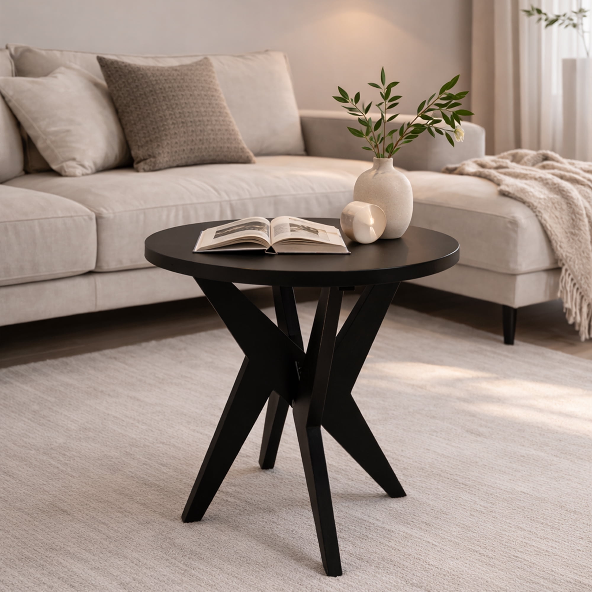 Set of 2 Round End Table 24'' High Side Table with Cross Legs, Modern Accent Bedside Table for Living Room, Balcony, Bedroom or Small Spaces, Black