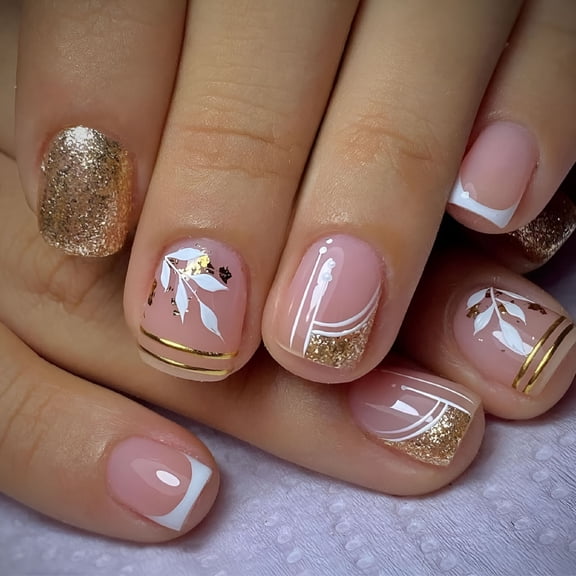 RAGUPEL 2026 New Extra Short Press on Nails Square Fake Nails with Glitter Gold Leaf Glue on Nails with Designs Gel Manicure False Nail for Women Stick on Nails for Girls Wedding