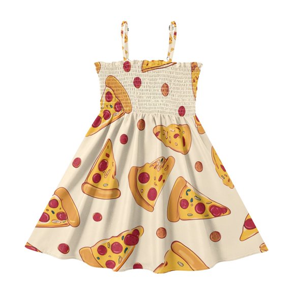 Pizza Pattern Girls' Casual Dresses 2Y-8Y Sleeveless Ruffle Neck for Summer Daily Wear