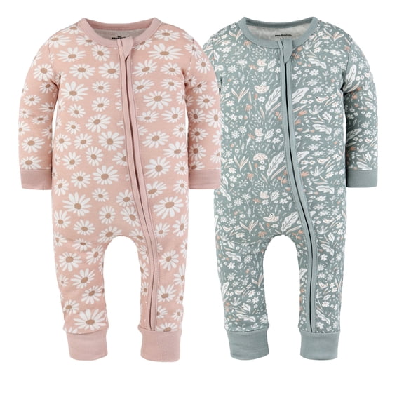The Peanutshell Boho Meadow Baby Pajamas, Footless Baby Sleepers, Pink-Sage Green, 3-6 Months, 2-Pack