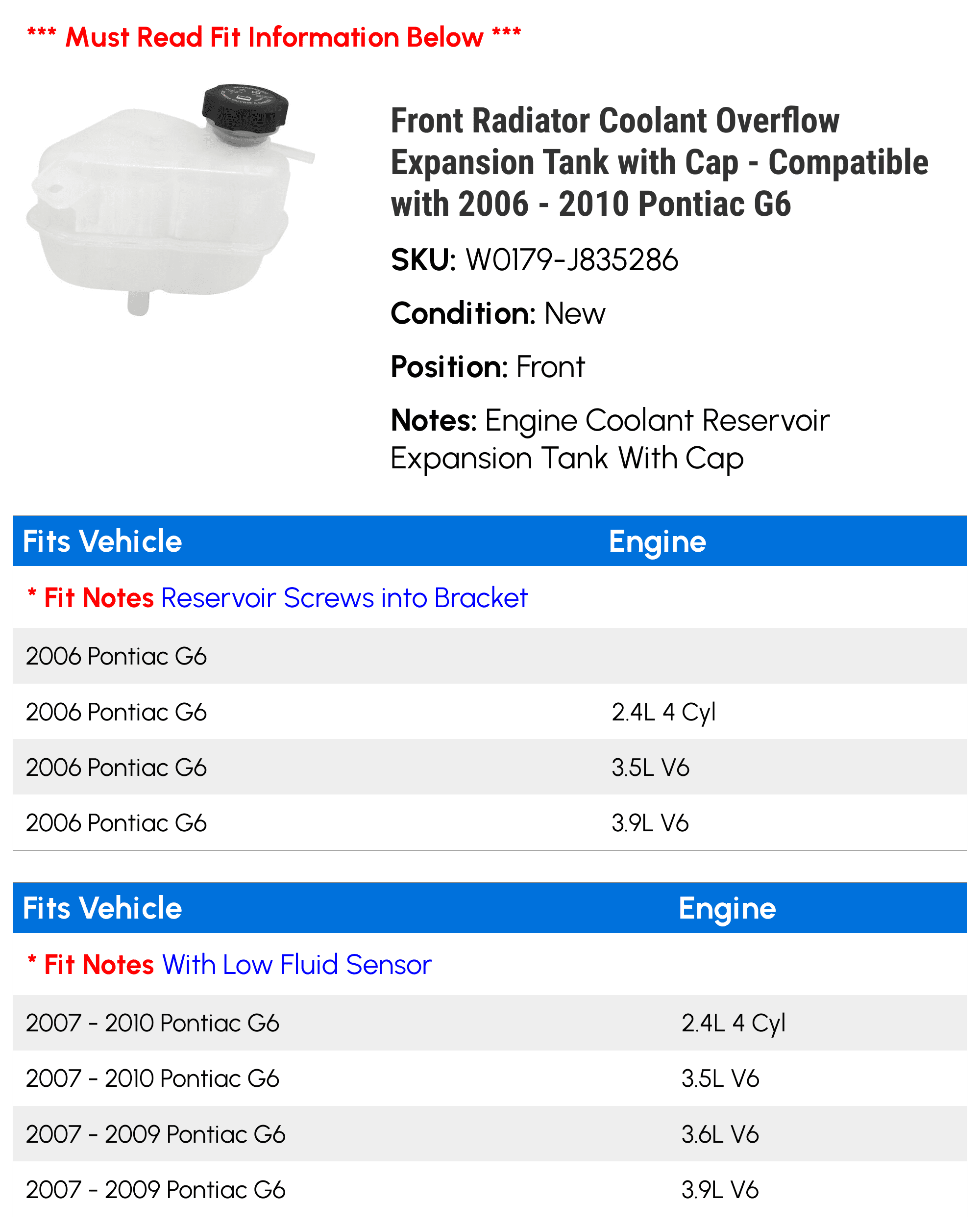 Front Radiator Coolant Overflow Expansion Tank with Cap - Compatible with 2006 - 2010 Pontiac G6 2007 2008 2009