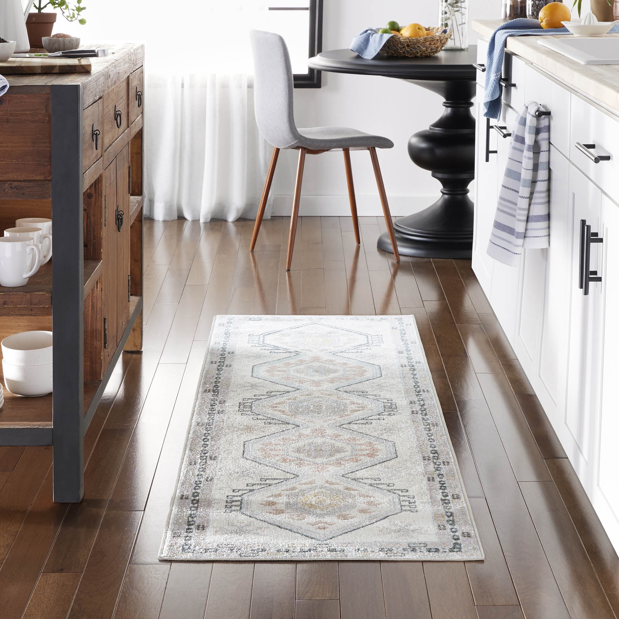 Everwash Treasure Saul Southwest Geometric Machine Washable Runner Area Rug, Grey/Navy Blue, 2'2"x7'2"