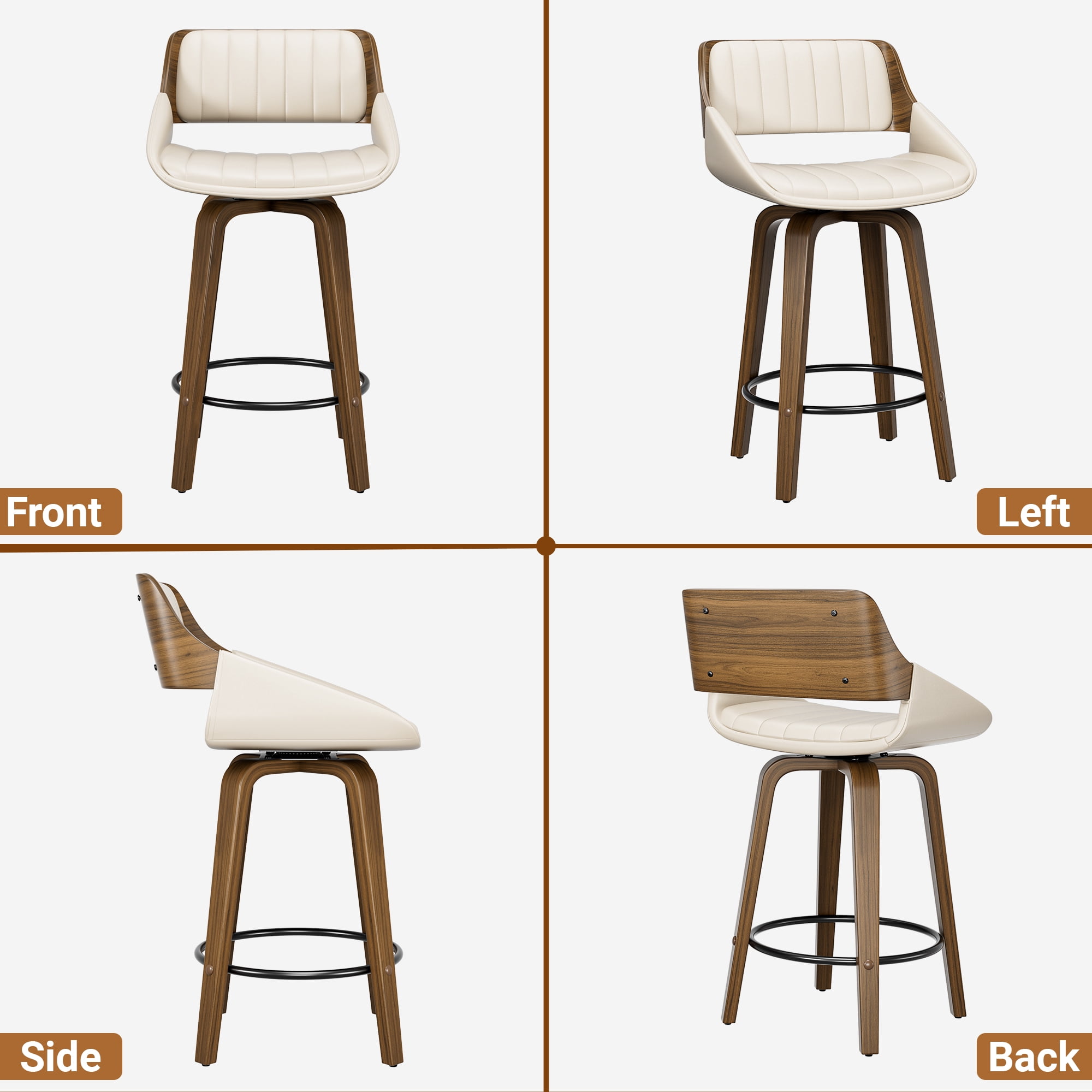 LainTene 26" Swivel Counter Height Bar Stool with Walnut Bentwood Frame, Faux Leather Seat & Footrest, Mid-Century Modern Chair for Kitchen Island, Bar, or Café (Set of 4)