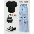 thumbnail image 6 of OYYN Girls' Printed Wide Leg Jeans Casual 7-14Y Y2K Style Distressed Denim Trousers Streetwear, 6 of 7