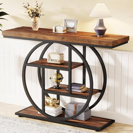 Tribesigns Industrial 41.3 Console Table 4-Tier Sofa Table Narrow Wood Entryway Table with Storage Shelves for Living Room Rustic Brown