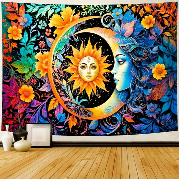 JANS.NO1 Sun and Moon Tapestry Boho Mystic Floral Hippie Flower Plants Tapestry Vintage Aesthetic Psychedelic Abstract Wall Hanging Headboard for Bedroom Home Decor 29 x 37 Inch