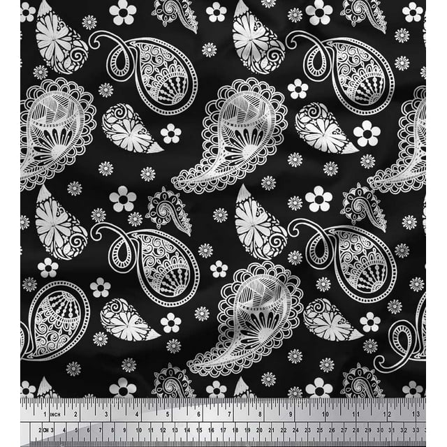 Soimoi Black polyester Crepe Fabric Floral & Paisley Printed Fabric 1 Yard 52 Inch Wide