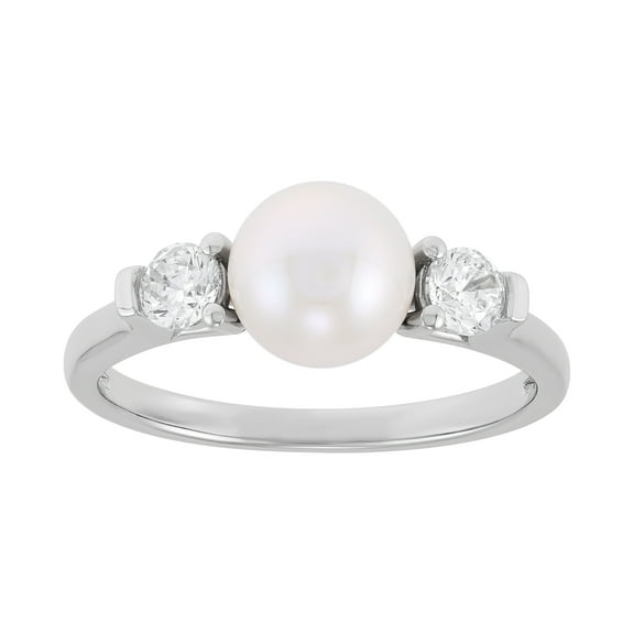 Brilliance Fine Jewelry Round White Freshwater Pearl and White Cubic Zirconia Ring in Sterling Silver
