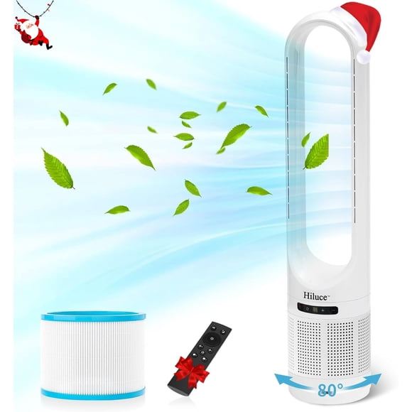 Hiluce Ventilador sin aspas tipo torre para dormitorio: oscilante, enfriamiento silencioso de 20 dB con control remoto, táctil, pantalla LED, 8 velocidades, temporizador de 9 horas, color blanco