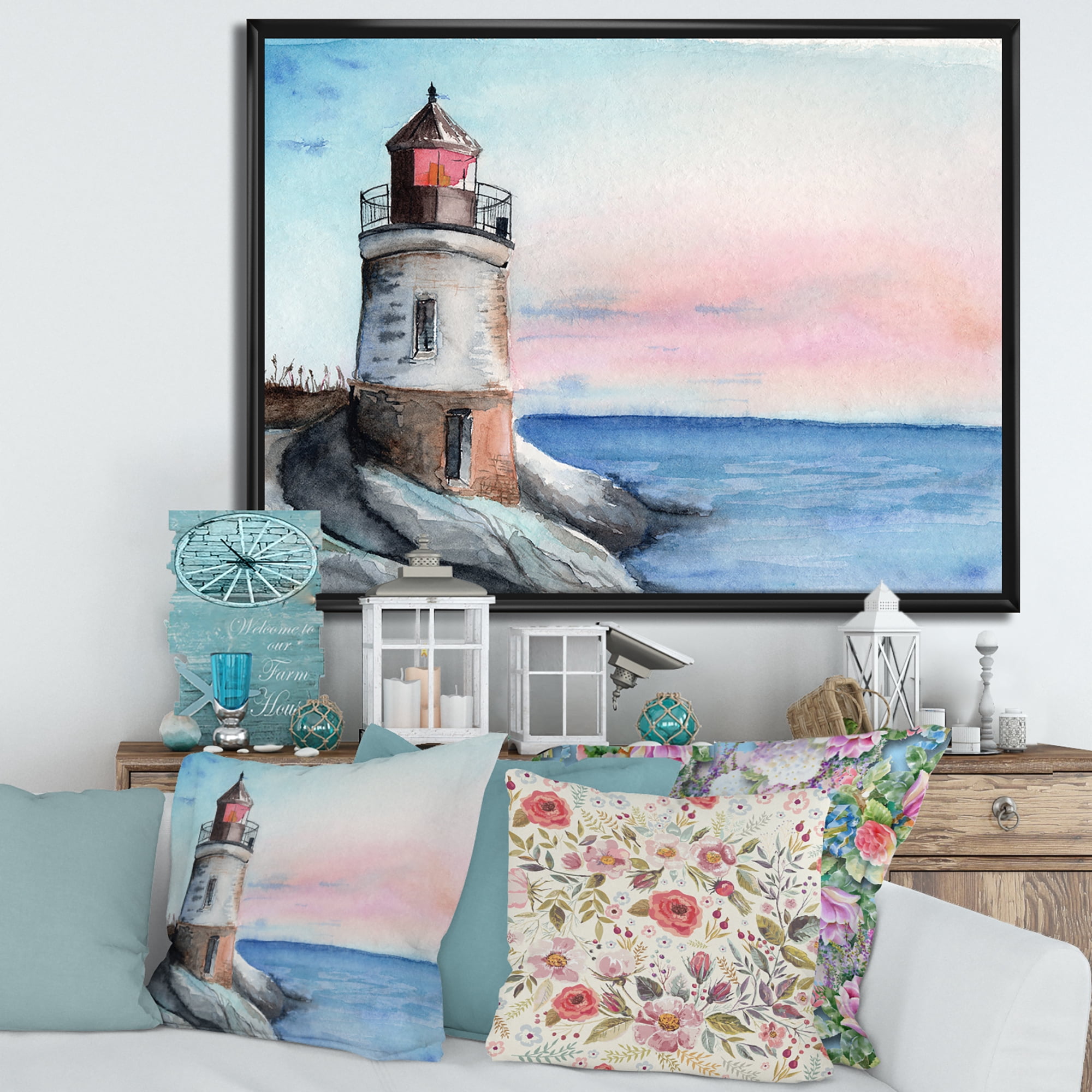 Designart 'A Lighthouse On A Rock Shore At Dawn' Nautical & Coastal Framed Canvas Wall Art Print