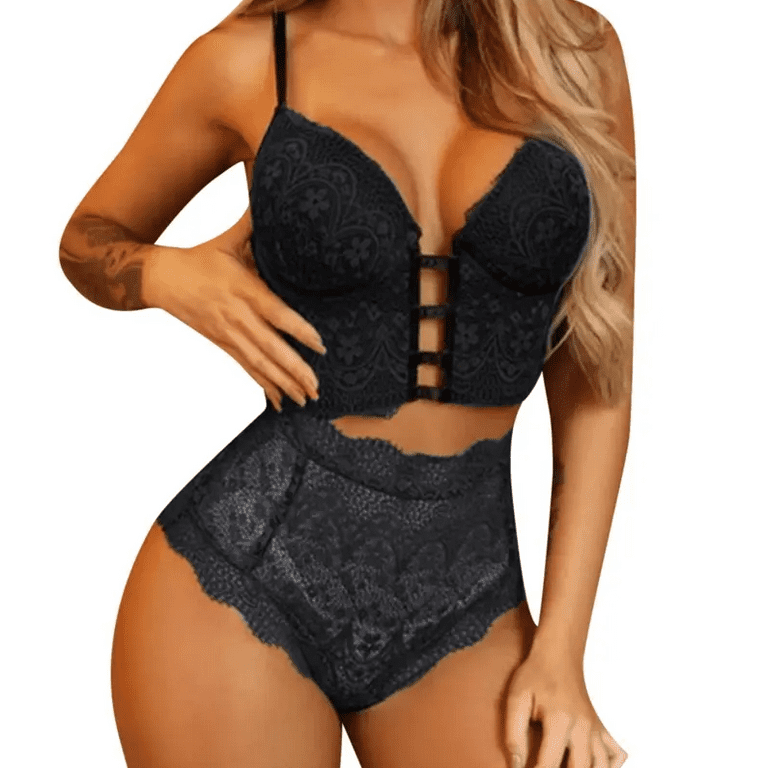 Plus Size Lingerie Set for Women， Sexy Cross Strappy Lace Up Bra Lace+High  Waisted Underwear Panty 