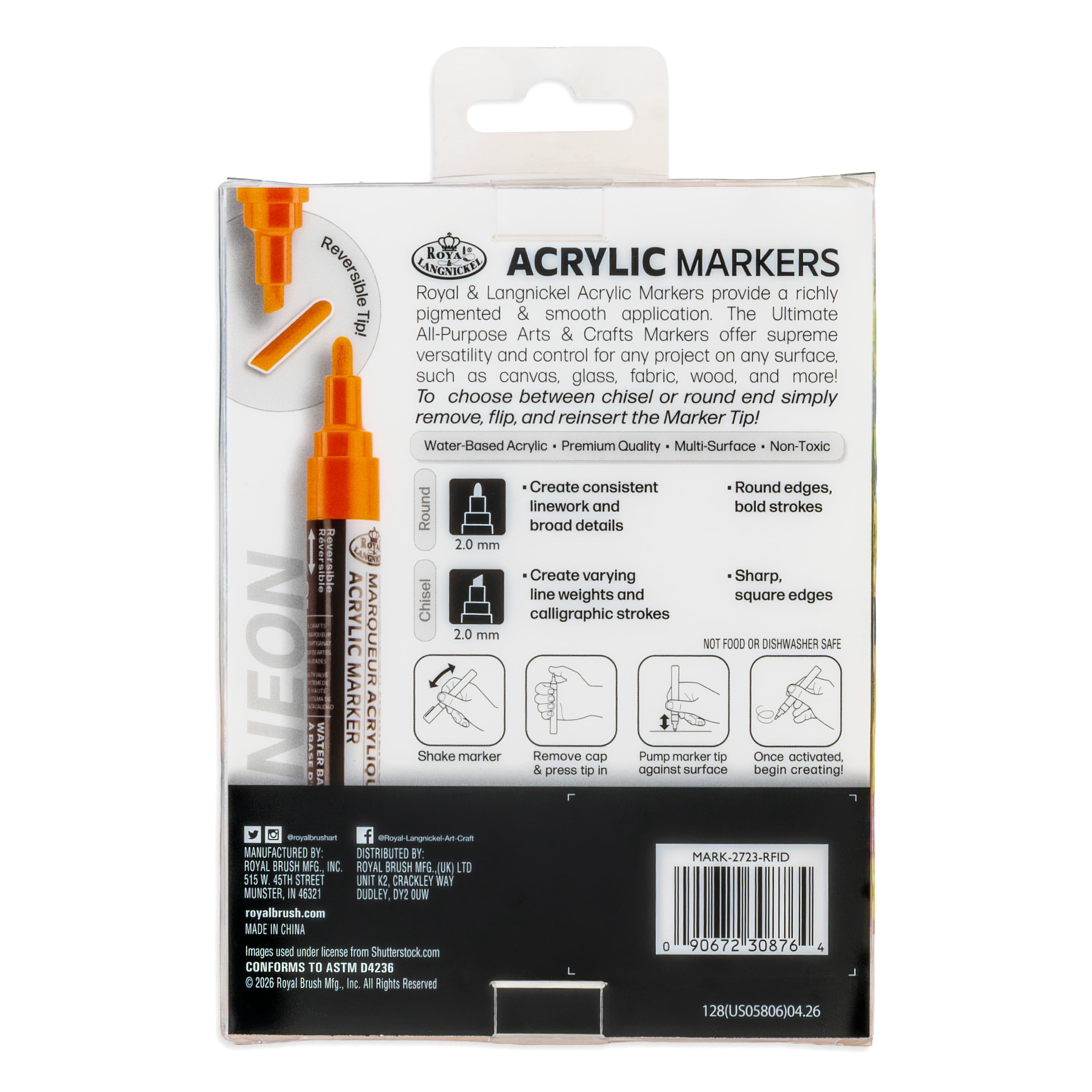 Royal & Langnickel 6 Piece Acrylic 2.0 mm Reversible Tip Neon Markers