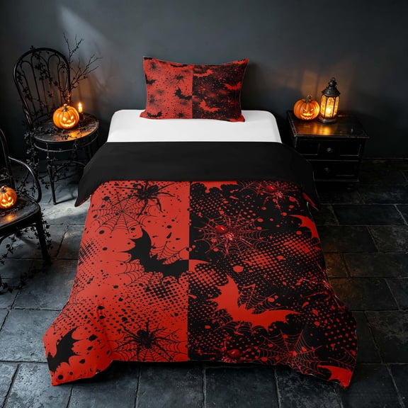 Homewish Halloween Bat Spider Web Twin Duvet Cover, Grunge Halftone Twin Bedding, Red Black, Black Reversible 2pcs, 1 Duvet Cover and 1 Pillowcase