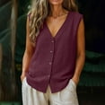 thumbnail image 2 of New Women’s Button down Vest Cotton Linen V Neck Sleeveless Shirts Casual Loose Summer Casual Jacket Waistcoat Wine XL, 2 of 6