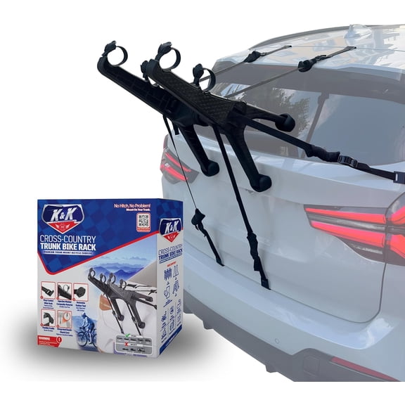 K&K Auto Accessories Compact 2-Bike Trunk Bike Rack Premium Cross-Country Trunk-Mount Bicycle Carrier for Cars, SUV Heavy Duty Rear Bike Transport Tool for Professional Cyclists