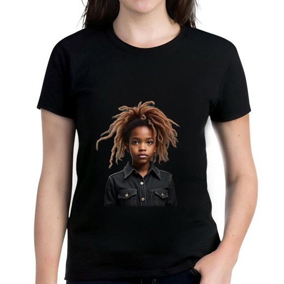 Stylish Women's Cotton Short Sleeve T-Shirt with Unique Black Shirt Design & Dreadlocked Figure Print