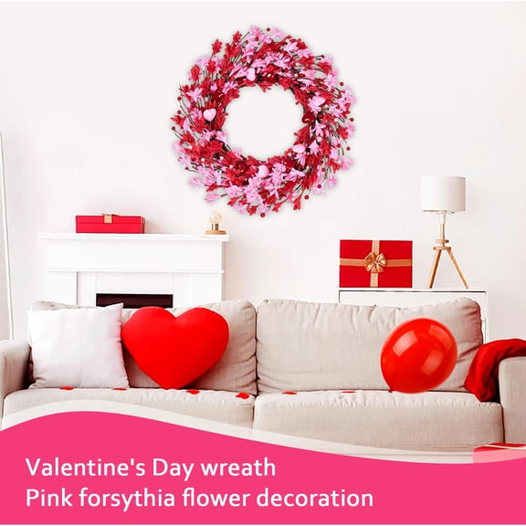 Valentine's Day Wreath 22 Inch Valentines Day Wreaths for Front Door Pink Floral Wreath with Red Love Heart Shaped Berries Pink Forsythia Flowers for Valentine Anniversary Wedding Holiday Decorations