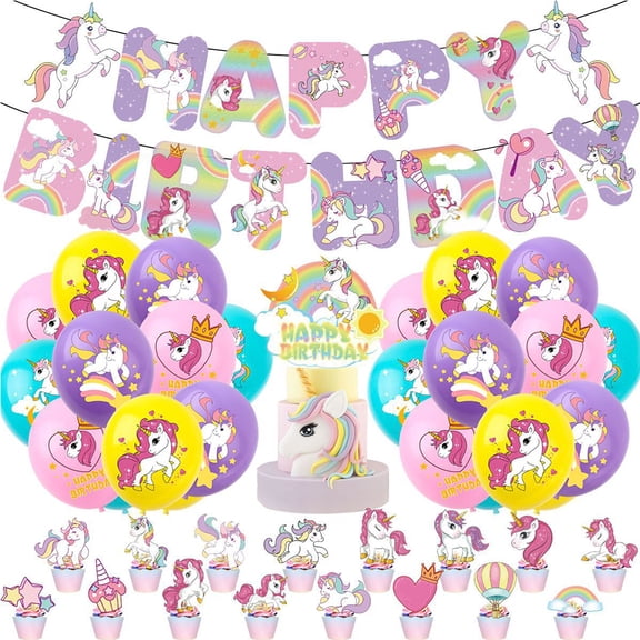 33Pcs Cute Pink Unicorn Theme Birthday Party Girls Kids Party Ballons Banner Decorations Card