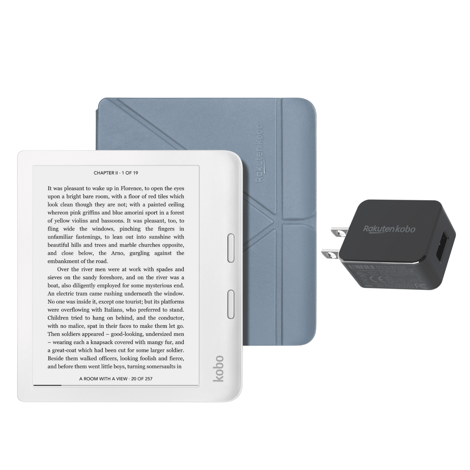 Kobo Libra 2 White Bundle with Blue SleepCover and AC Adapter eReader