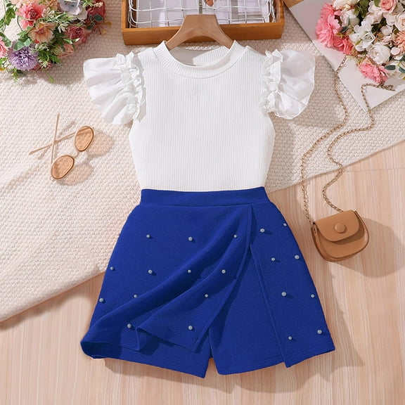 NAISIBABY Girls 2-Piece Sets, Crew Neck Short Sleeve Ruffled Tops Fashion Skirts Summer Fashion Outfits Blue 10-11T