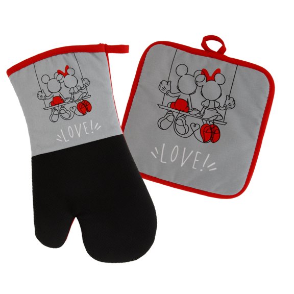 Disney Kitchen Neoprene Oven Mitt and Potholder Set with Hanging Loop - Non-Slip Heat Resistant Kitchen Accessories with Premium Insulation Ideal for Handling Hot Kitchenware - Mickey and Minnie Swing