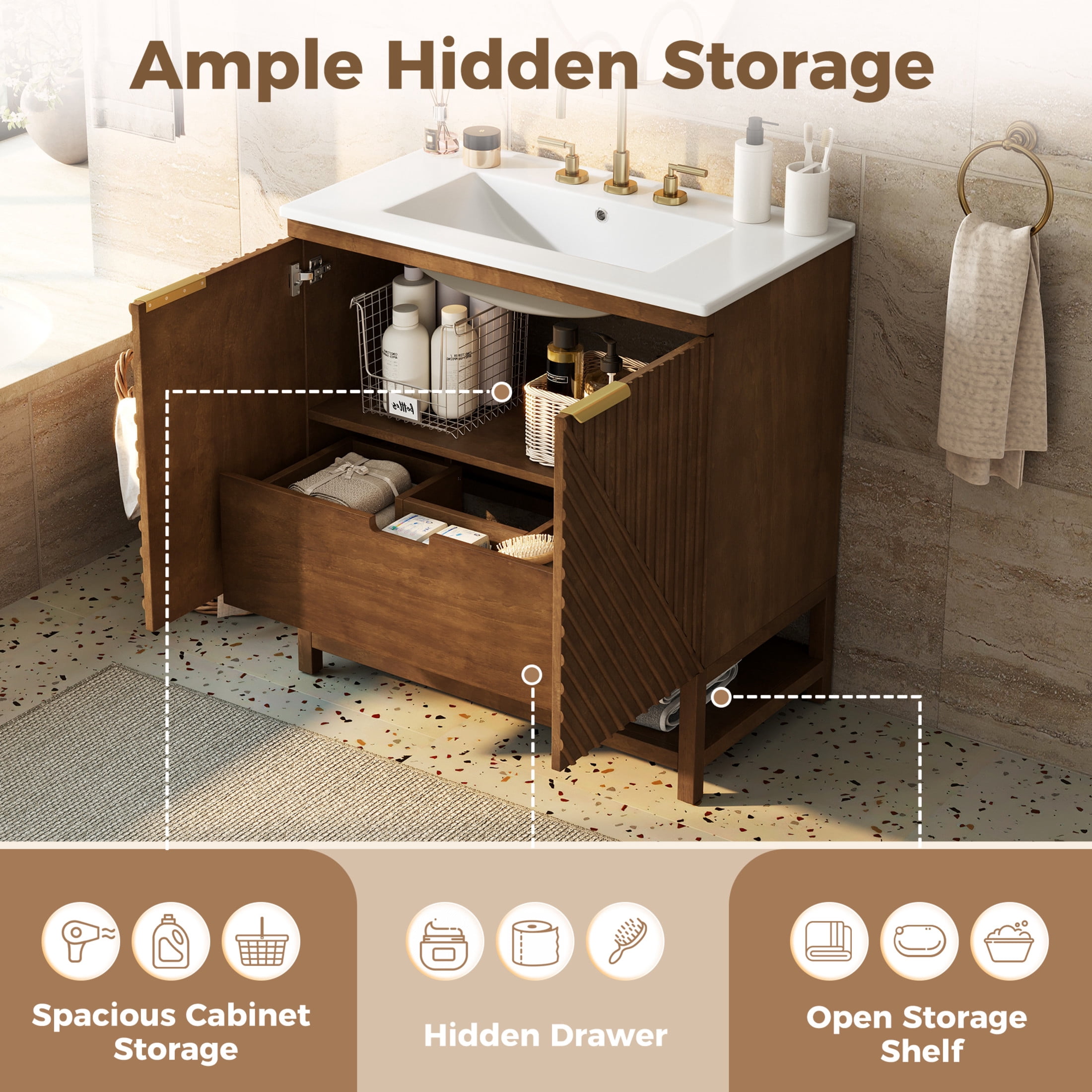 Christopher Knight Home 30" Bathroom Vanity, Fluted Cabinet with Ceramic Sink, Hidden Storage, Walnut