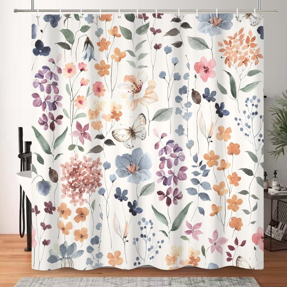 MIZHONA Floral with Butterfly Shower Curtain Spring Flowers Plants Fabric Bathroom Curtain 72x72 in