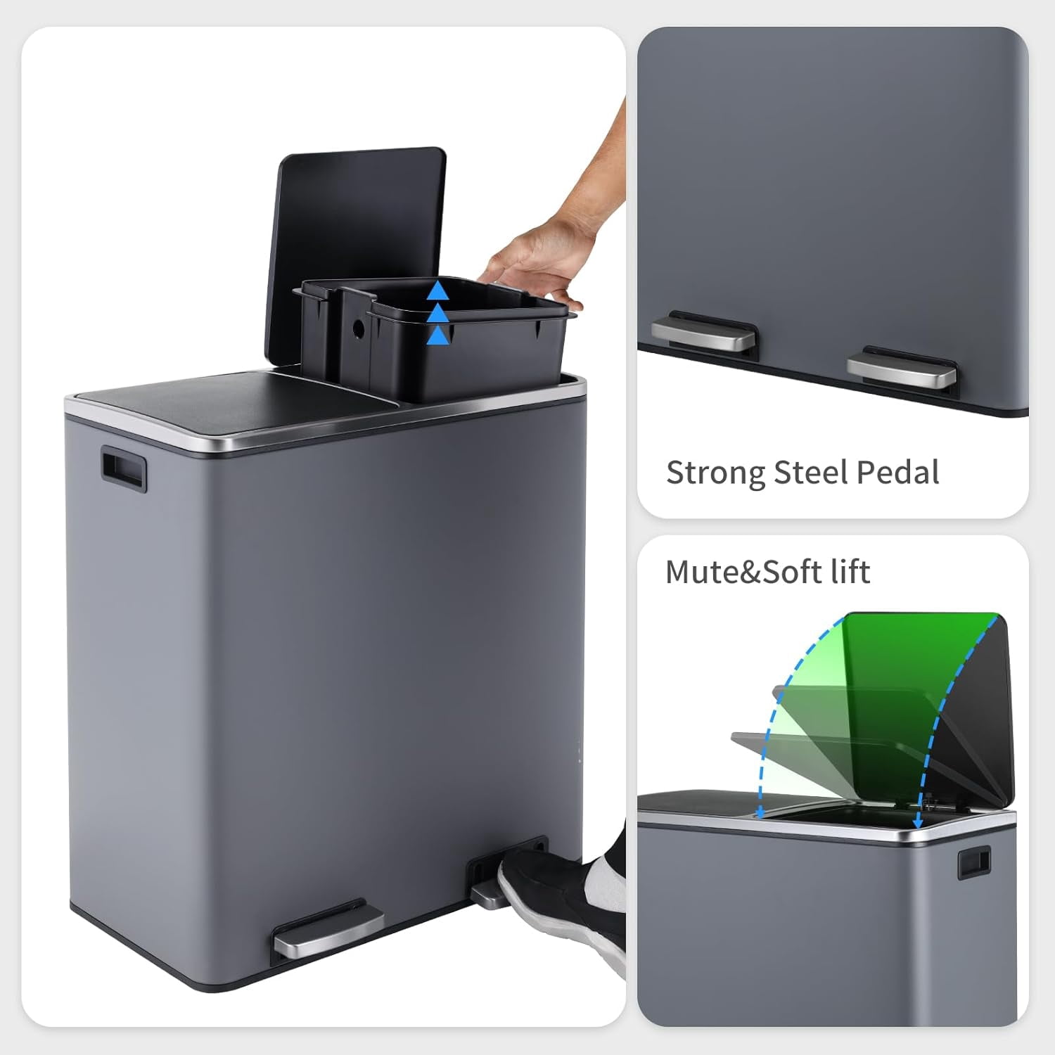 Arlopu 16 Gallon Dual Trash Can with Foot Pedal, Stainless Steel Kitchen Garbage Can with Lids, Double Compartment Classified Recycling Bin