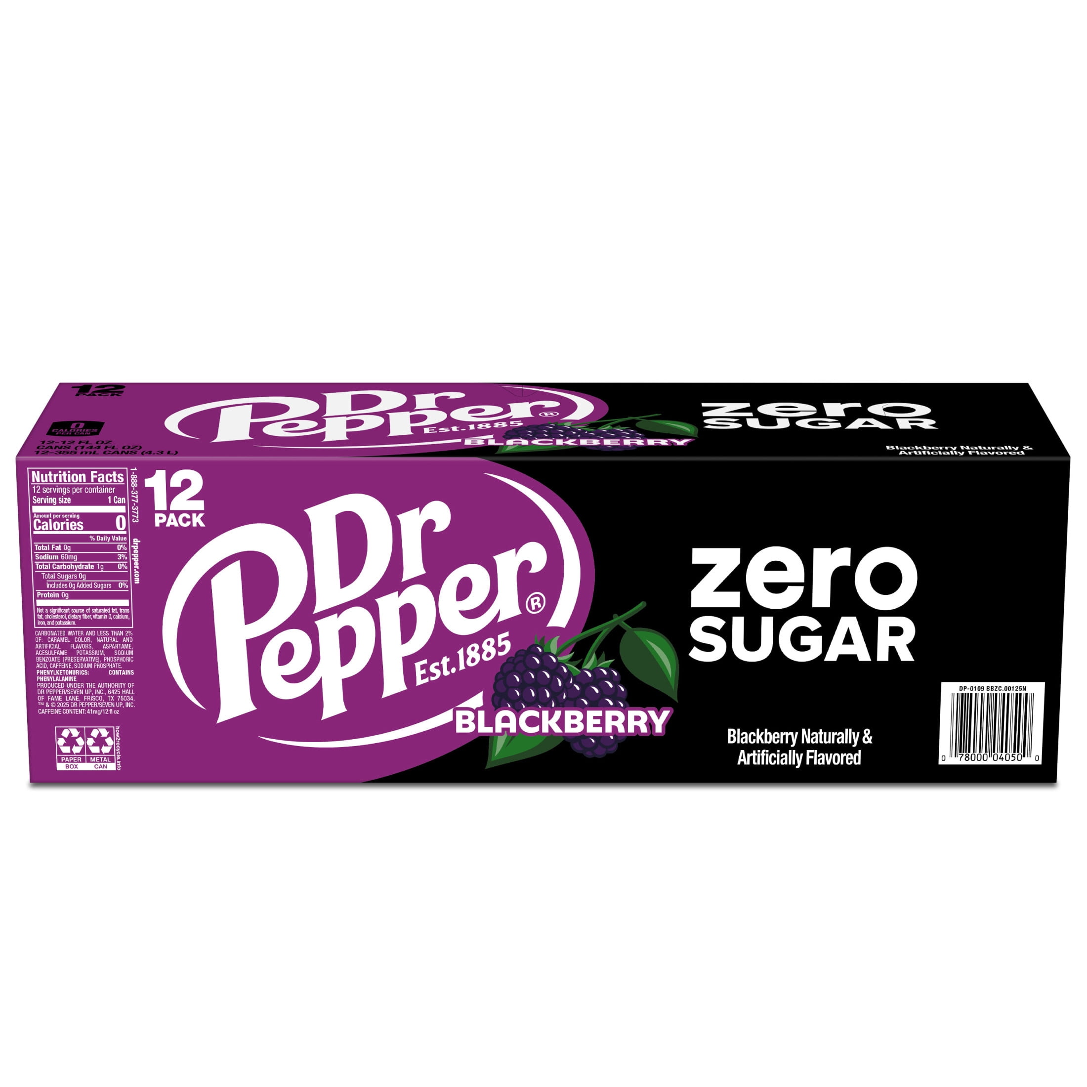 Dr Pepper Blackberry Zero Sugar Soda Pop, 12 fl oz, 12 Pack Cans
