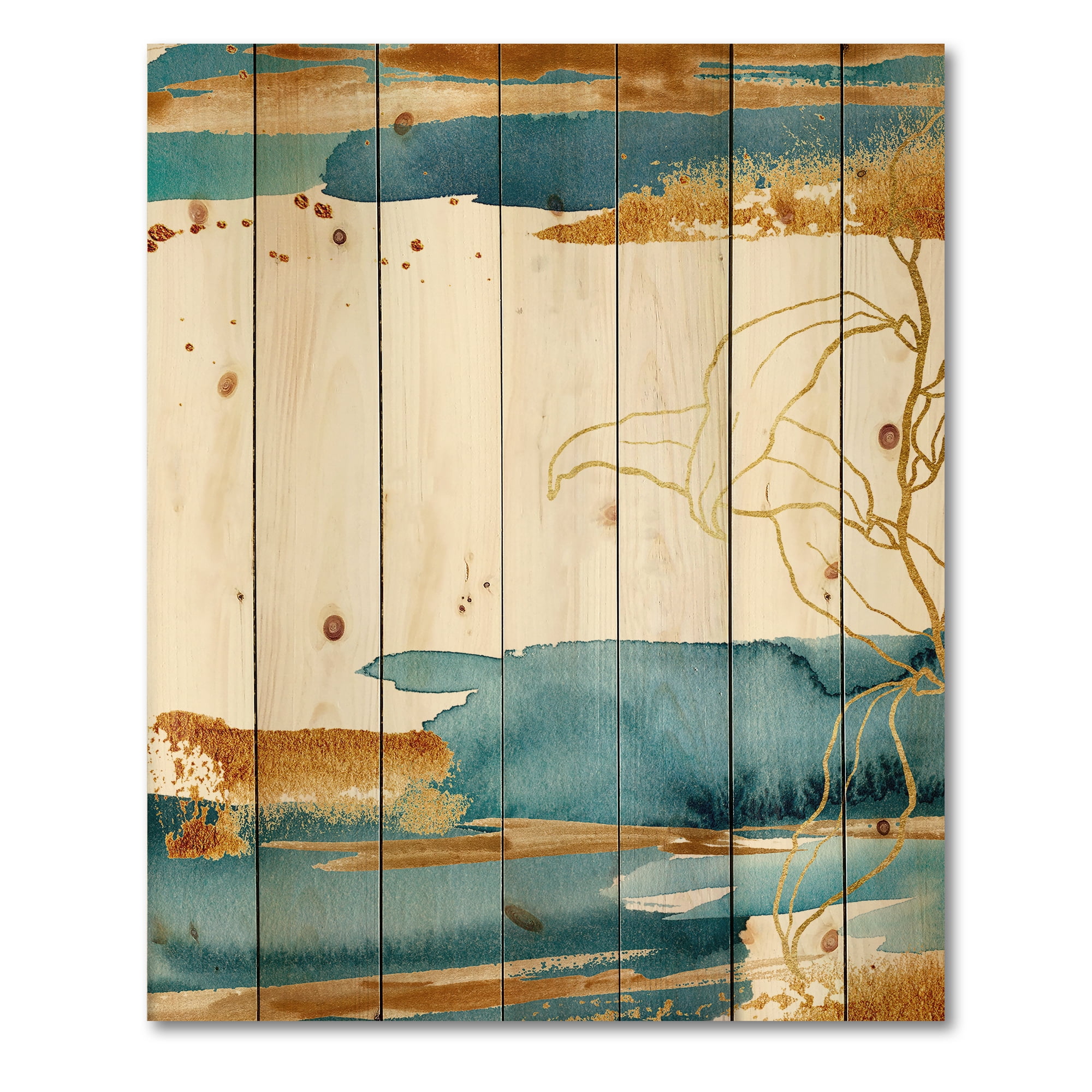 Designart 'Abstract Golden Laminaria Branch & Leaves' Traditional Print on Natural Pine Wood