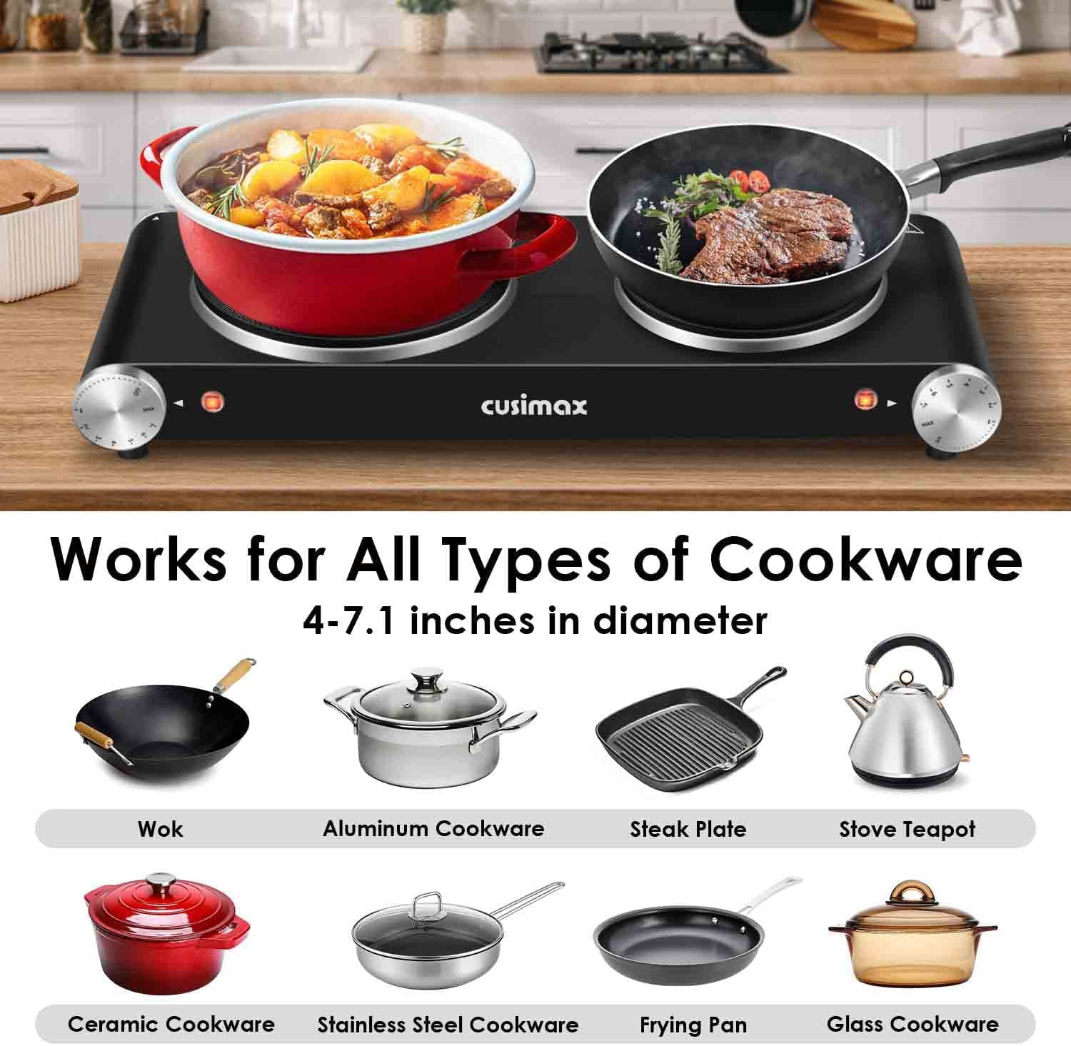 Hot Plate for Cooking 1800W Portable Electric Double  Countertop Cooktop Cast Iron Stove Heating Plate with 7 Power Levels Adjustable Temp Control, Compatible for All Cookwares