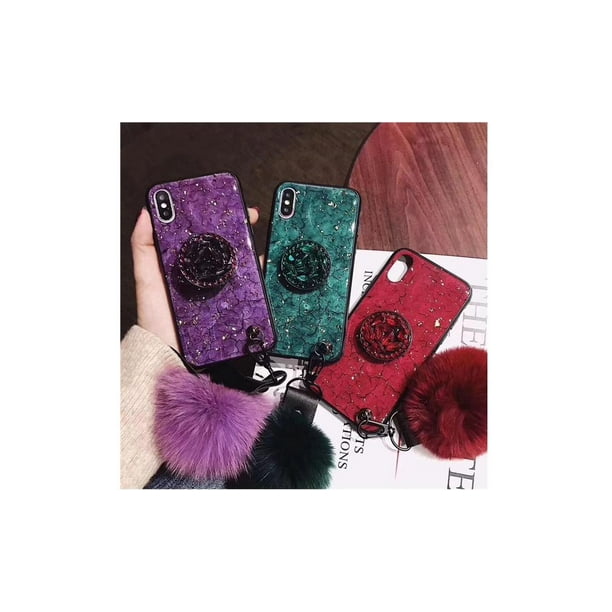Iphone 12 Iphone 12 Pro Case Glitter Crystal Marble With Furry Ball Pop Socket Grip