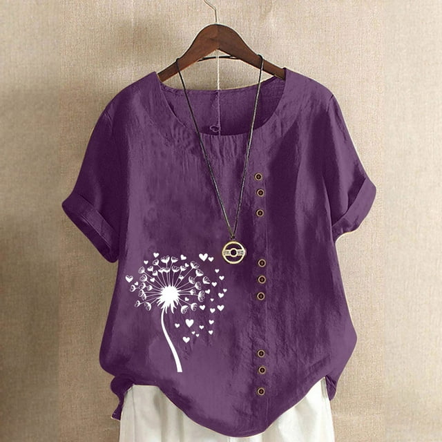 Lydiaunistar Womens Spring Tops Plus Size Casual Printed Short Sleeve Button Blouse Round Neck T-Shirt Lightweight Polyester Purple