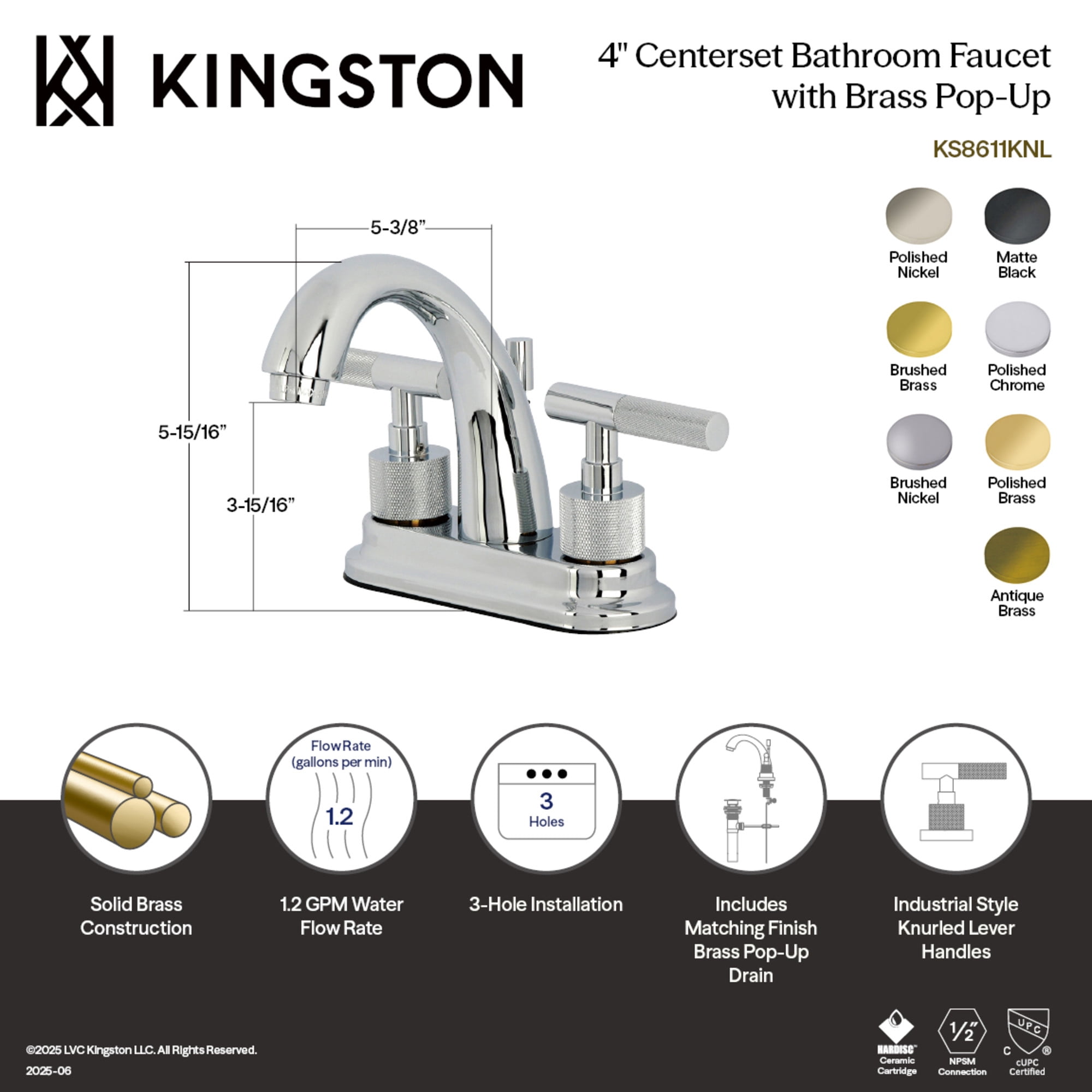 Kingston Brass KS8618KNL Knurled Double-Handle 3-Hole Deck Mount 4-Inch Centerset Bathroom Faucet with Brass Pop-Up in Brushed Nickel