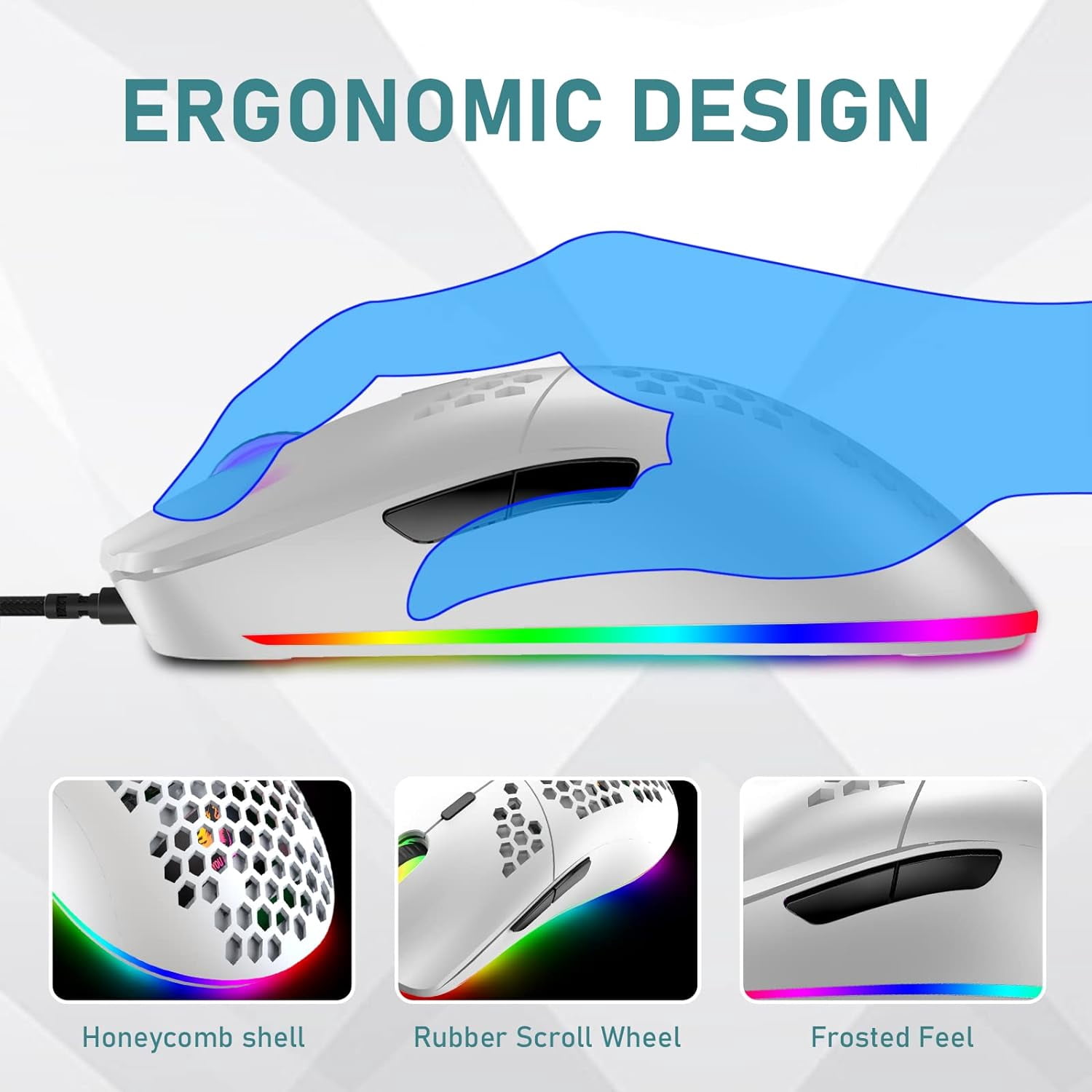 60% Mechanical Gaming Keyboard Red Switch Mini 68 Keys Wired Type C 18 Backlit Effects,Lightweight RGB 6400DPI Honeycomb Optical Mouse,Gaming Mouse pad for Gamers and Typists (White)