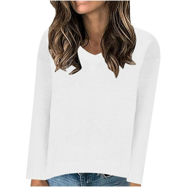 Timegard Tops for Women V Neck Long Sleeve Sweaters Pullover Solid Color Fall Casual Loose Comfy Tops