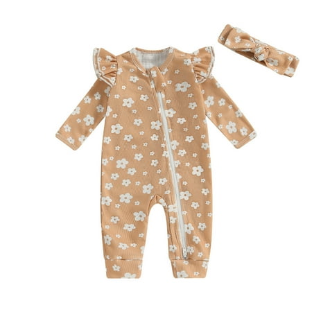 

Baby Girls Autumn Casual Floral Jumpsuit Long Sleeve Crewneck Ruffle Oblique Zipper Romper with Headband 0-24 Months