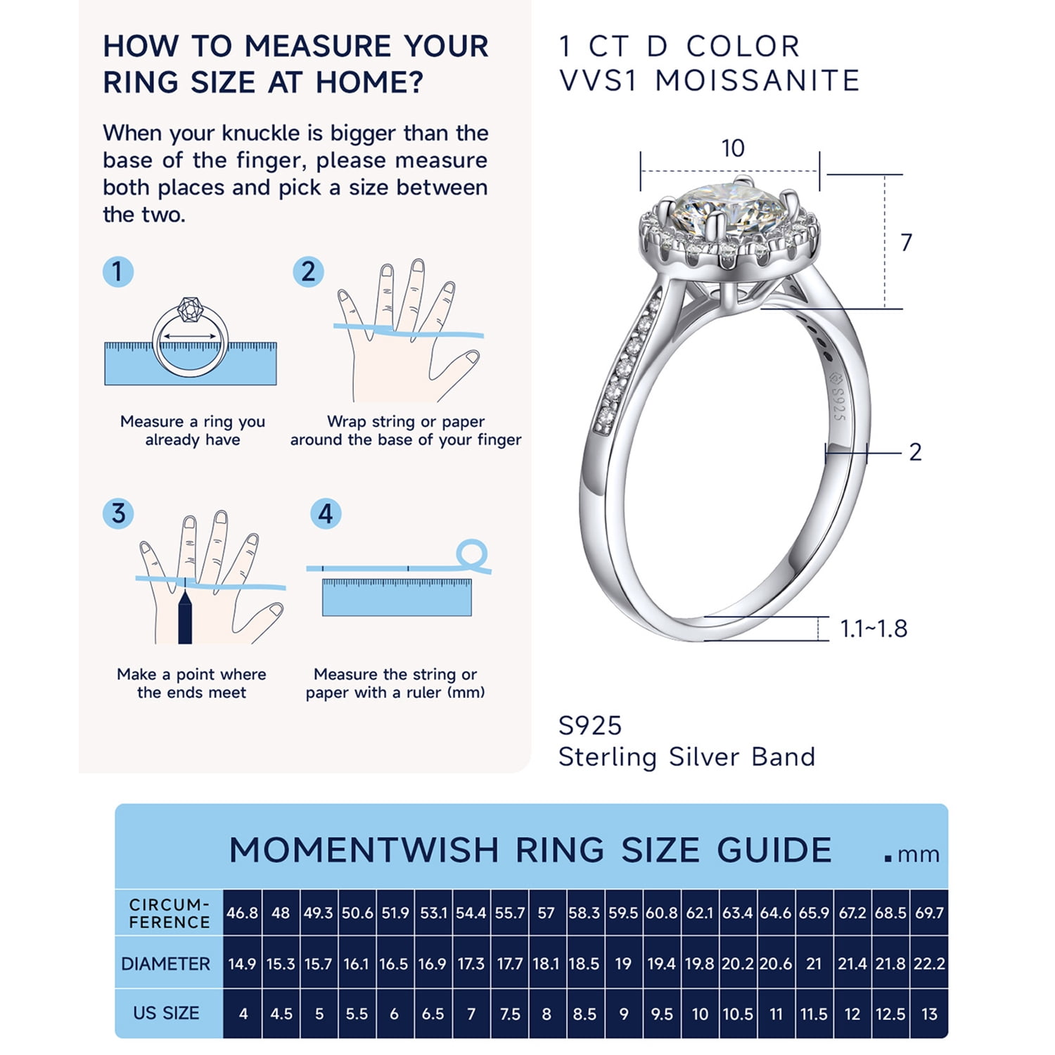 MomentWish 1 Carat Round Cut Moissanite Engagement Ring for Women,Simulated Diamond Wedding Rings Birthday Valentines Day Jewelry Gifts-Size8.5