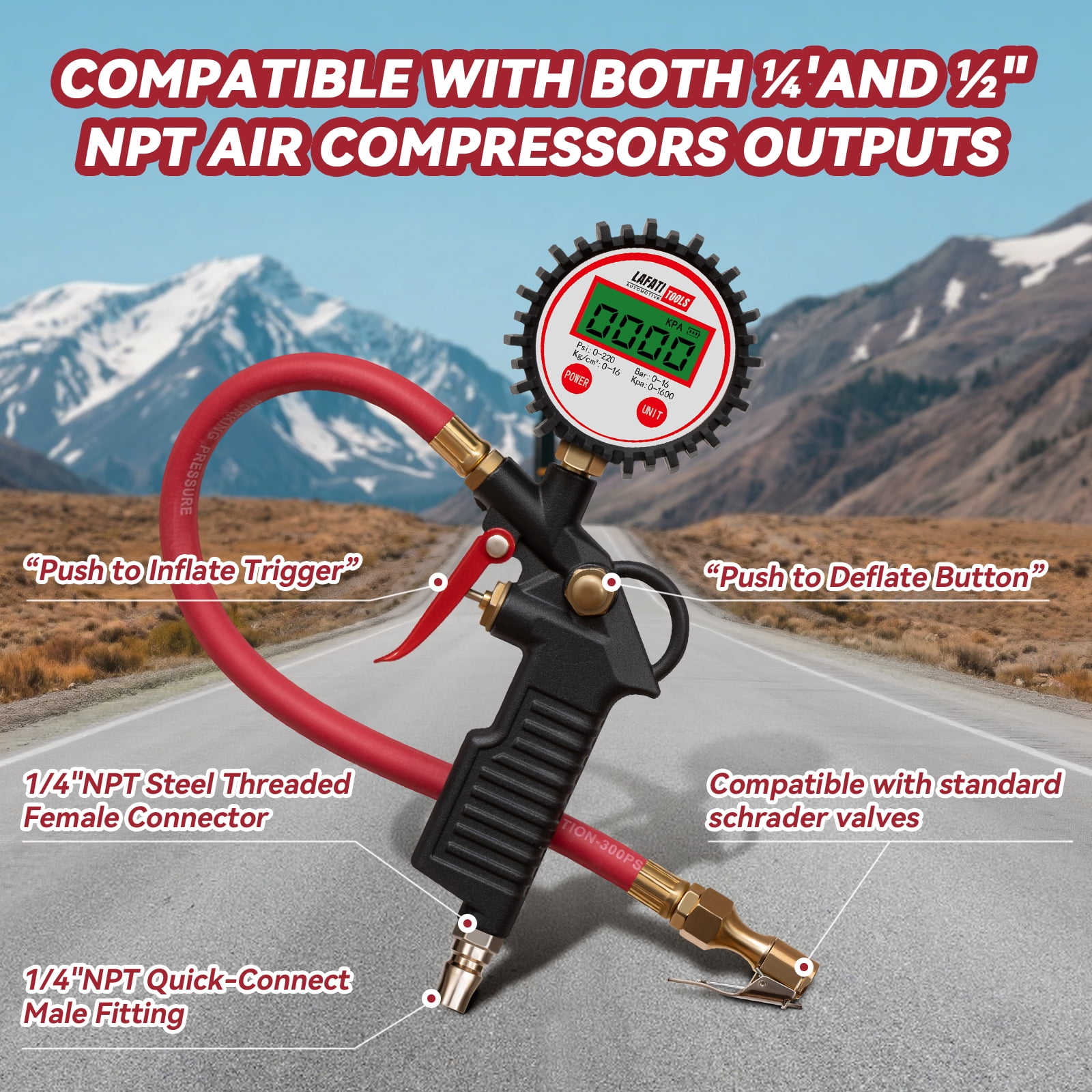 Digital Tire Inflator with Pressure Gauge, 0-220 PSI Tire Gauge with Air Compressor Accessories,0.1 PSI Resolution,Air Pressure Gauge for Cars, RV ,Motorcycle,Bicycle.