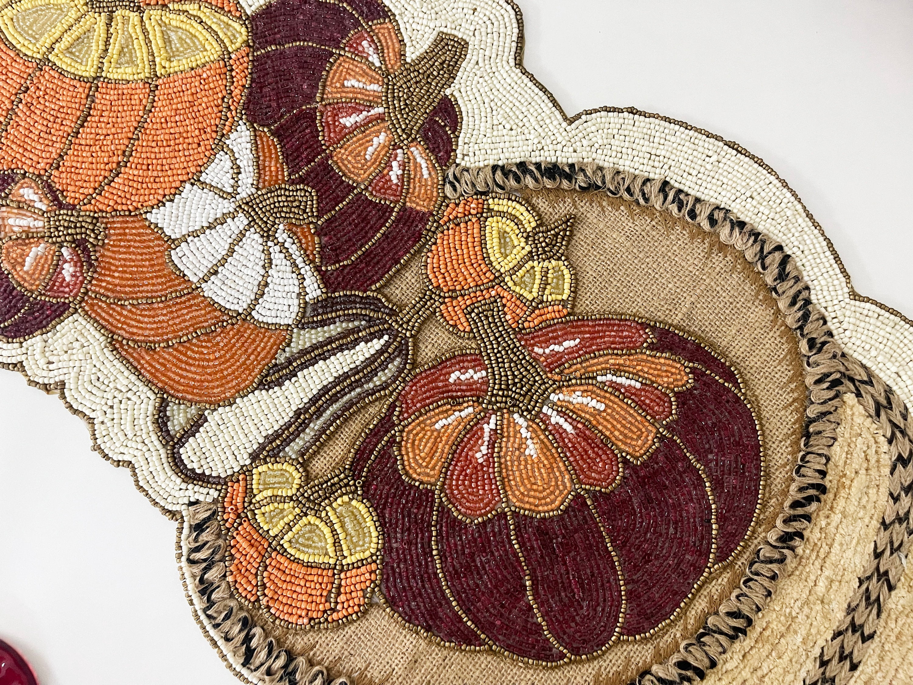 Handmade bead table runner, multicolour pumpkin fall runner, beaded, embroidery and thread work